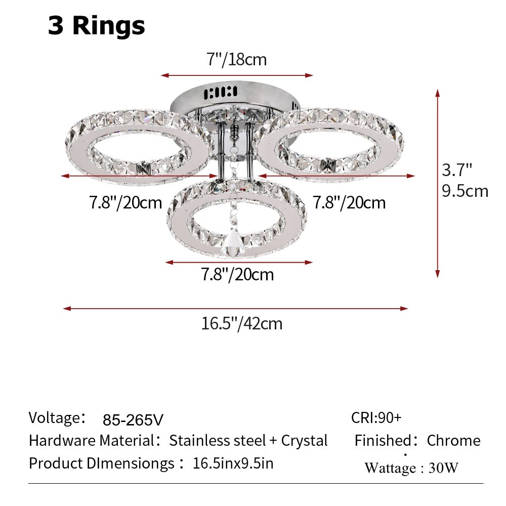 LuxiLamps - 3 Cirkel Chroom Kroonluchter - Dimbaar Met Afstandsbediening - Woonkamerlamp - LED Plafondlamp - Plafonniere - Crystal LED Lamp