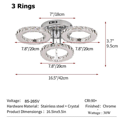 LuxiLamps - 3 Cirkel Chroom Kroonluchter - Dimbaar Met Afstandsbediening - Woonkamerlamp - LED Plafondlamp - Plafonniere - Crystal LED Lamp