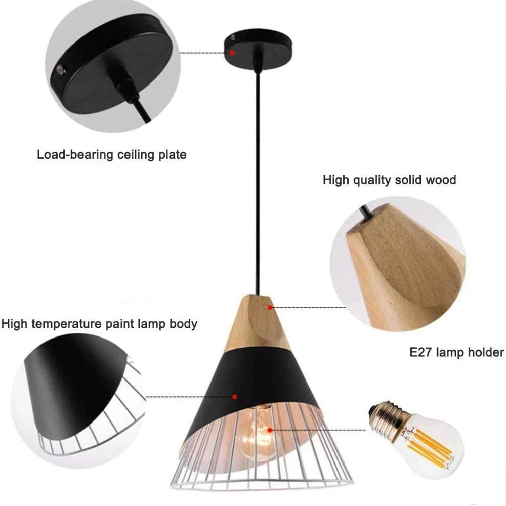 Modern Elegant Pendant Lamp - Wooden Accent - Black - 25 cm - Dining Room Lamp - Chandelier - Black - Living Room Lamp