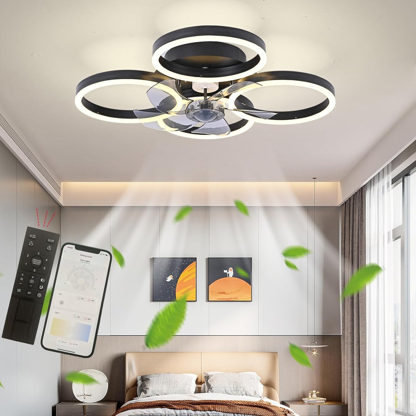 LuxiLamps - 4 Ringen Ventilator - Zwart - 60 cm - Smart Lamp - Kroonluchter - Dimbaar Met Afstandsbediening - 64W