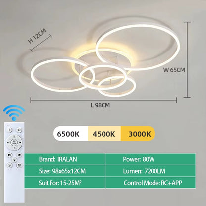 Led Plafondlamp - 5 Ringen - Dimbaar met Afstandsbediening - 108 Watt - Modern Design - Wit - Plafonniere - Modern - Woonkamer - Eettafel - Keuken - Slaapkamer