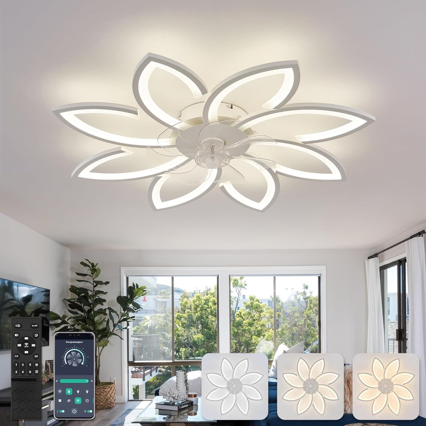 LuxiLamps - 8 Sterren Plafondlamp Met Ventilator - Wit - Met Afstandsbediening - Smart lamp - Dimbaar Met App - 6 Standen Ventilator - Woonkamerlamp - Moderne lamp - Plafoniere