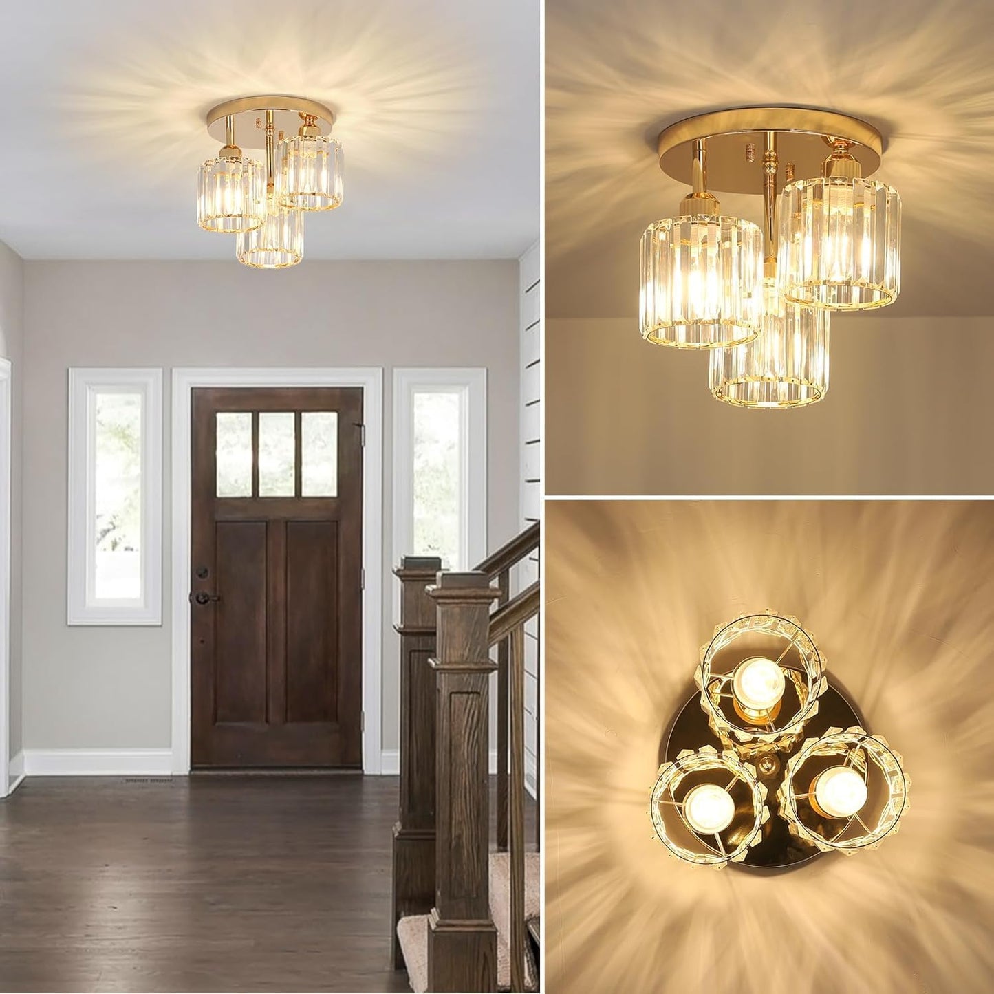 Moderne Kristallen Kroonluchter - 3 Kop Crystal Plafondlamp - K9-Kristal - E27 - Goud - Verlichting - Plafonnière