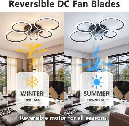 LuxiLamps - 5 Rings Ceiling Fan - Black - 6 Speeds - Dimmable With Remote Control and APP - Modern Circle Fan Light
