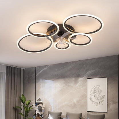 LuxiLamps - 5 Rings Ceiling Fan - Black - 6 Speeds - Dimmable With Remote Control and APP - Modern Circle Fan Light