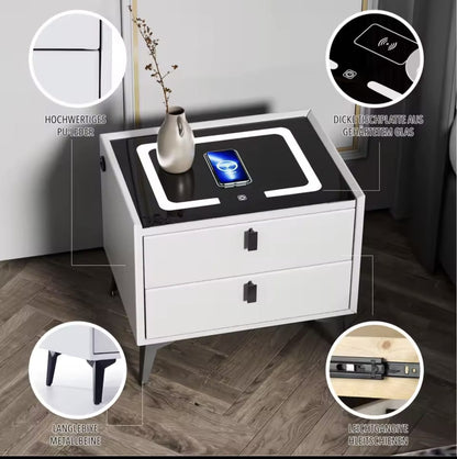 Nachtkast Met LED - 3 USB Poorten - Draadloos Opladen - Wit - 2 Laden - 50x45x40cm - Slim Nachtkastje - Slaapkamer - 3 Kleuren LED