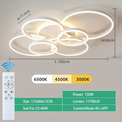 6 Ringen Plafondlamp - Kroonluchter - Wit - Dimbaar Met Afstandsbediening - Woonkamerlamp - 100 cm - LED Moderne Plafondlamp - 130W