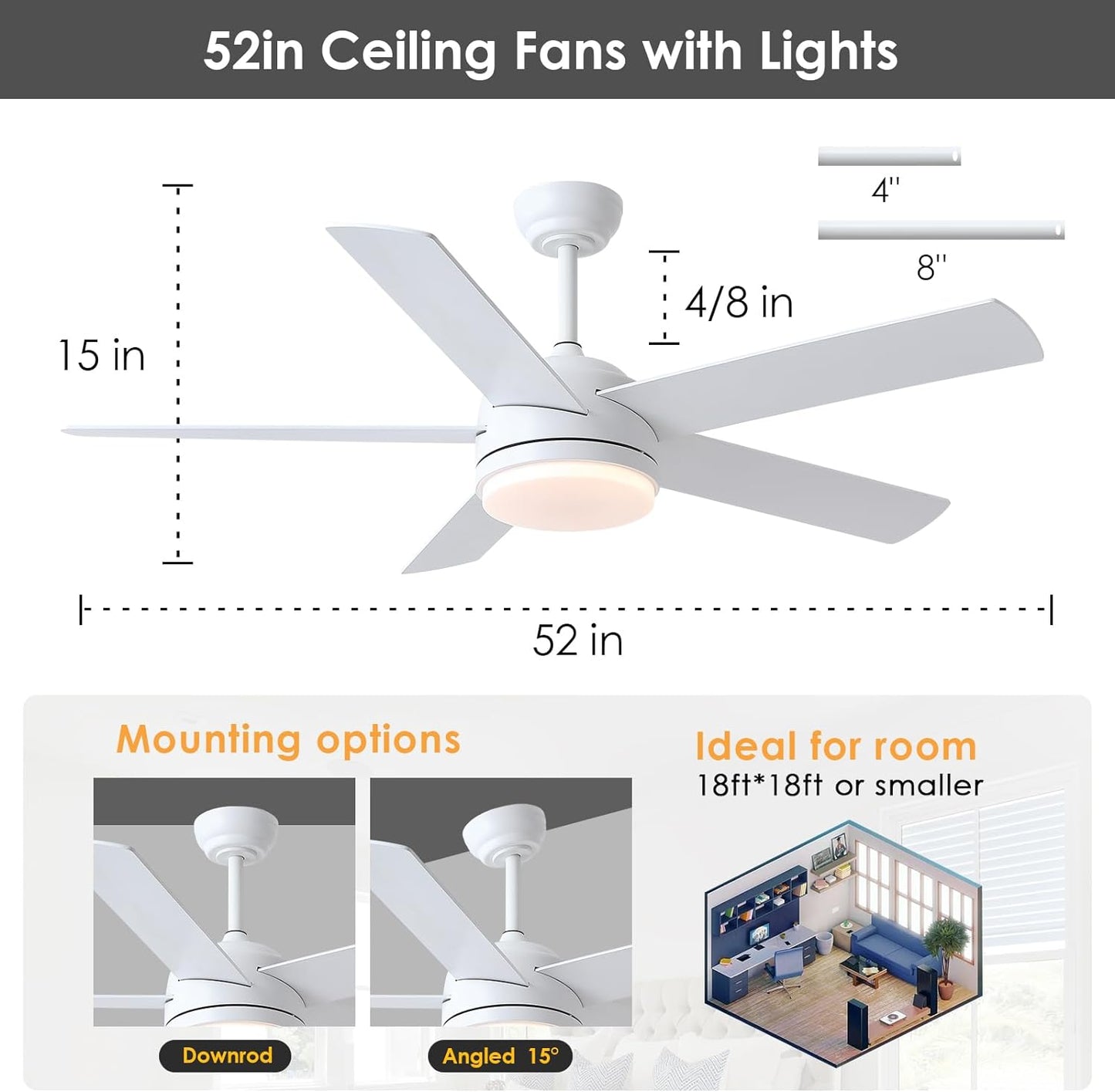 LuxiLamps - 5 Blad Plafondventilator - Moderne LED Ventilator - 3 Snelheden - Bedienbaar Met Afstandsbediening - 132 cm - Wit - Omkeerbare Bladen