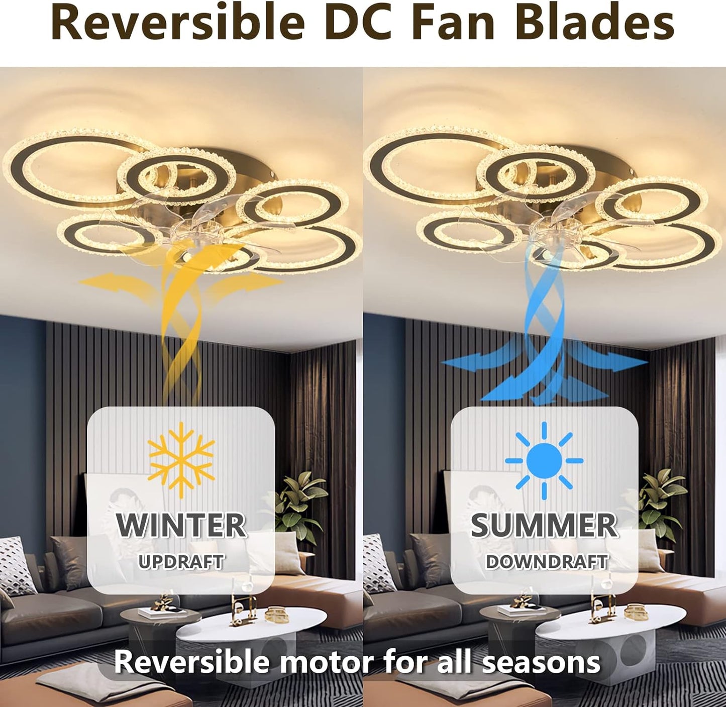 6 Ringen Kristallen Plafondventilator - Zwart - 6 Snelheden - Smart lamp - Dimbaar Met Afstandsbediening & APP - Moderne Cirkel Ventilator Licht - Crystal Kroonluchter Ventilator