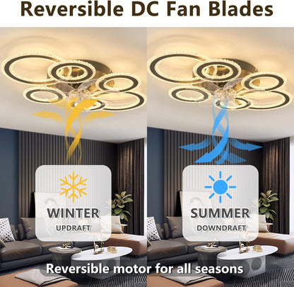 6 Ringen Kristallen Plafondventilator - Zwart - 6 Snelheden - Smart lamp - Dimbaar Met Afstandsbediening & APP - Moderne Cirkel Ventilator Licht - Crystal Kroonluchter Ventilator