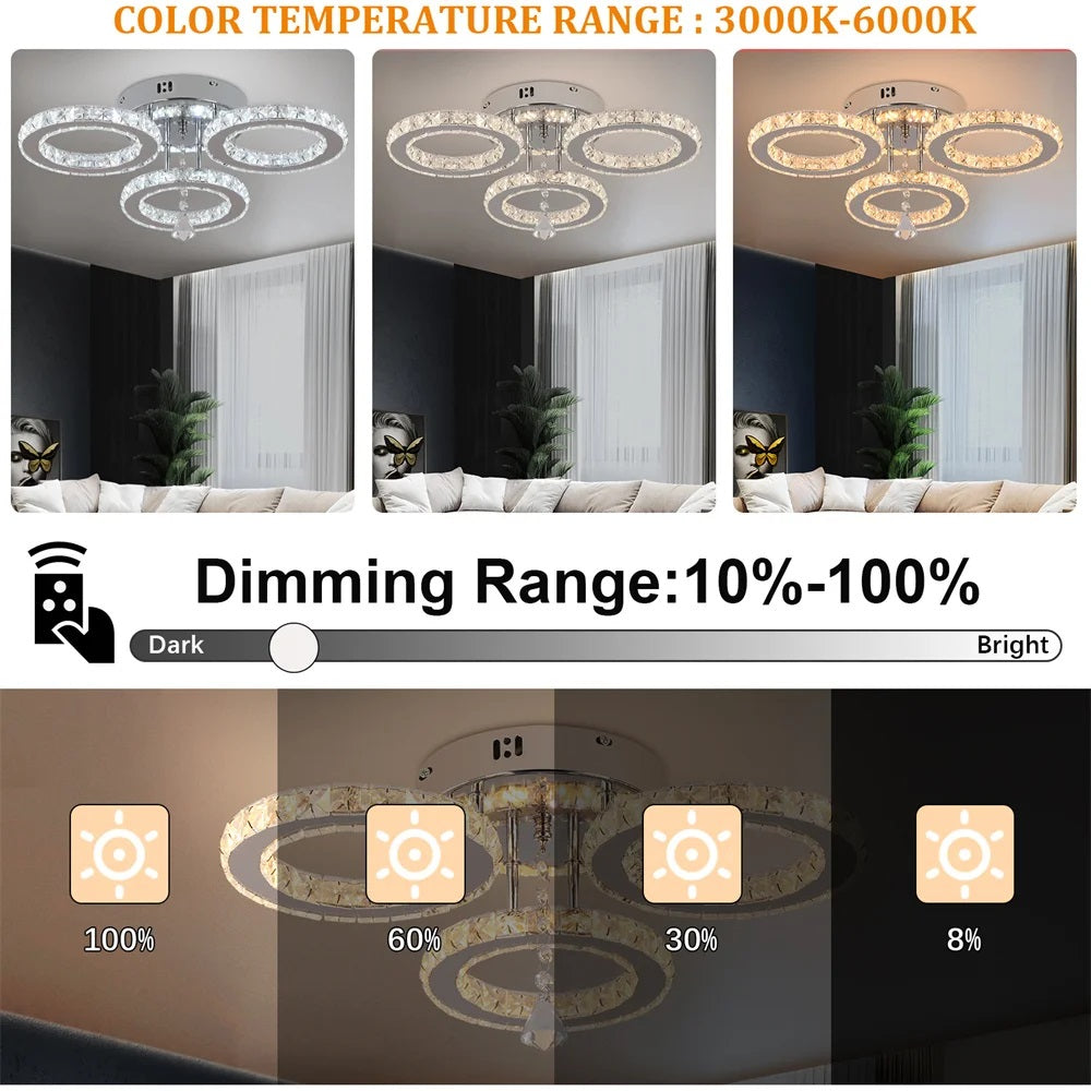 LuxiLamps - 3 Cirkel Chroom Kroonluchter - Dimbaar Met Afstandsbediening - Woonkamerlamp - LED Plafondlamp - Plafonniere - Crystal LED Lamp