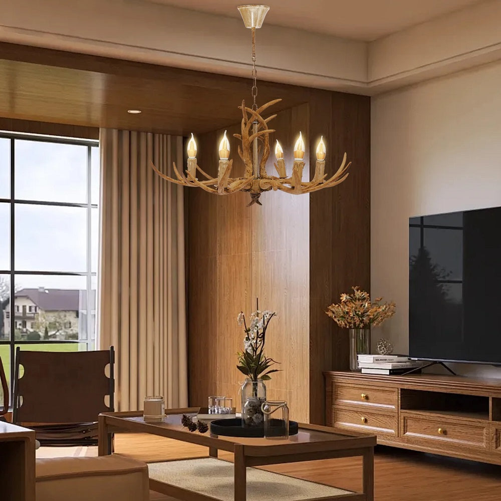 Houten Chandelier - 6 Arm Hout Kroonluchter - Herten Hoorn Stijl - 75 cm - Hanglamp - Woonkamerlamp - Moderne lamp