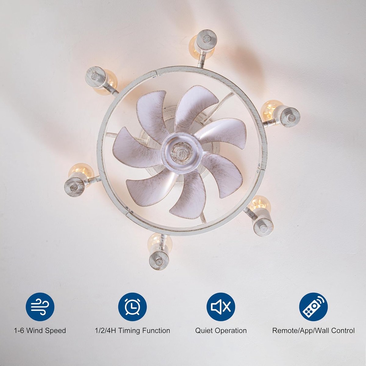 Industriële Retrostijl Plafondventilator - Ventilator Lamp - Smart Lamp - Dimbaar - 6 Standen - Moderne lamp - 6 Lampen - Wit