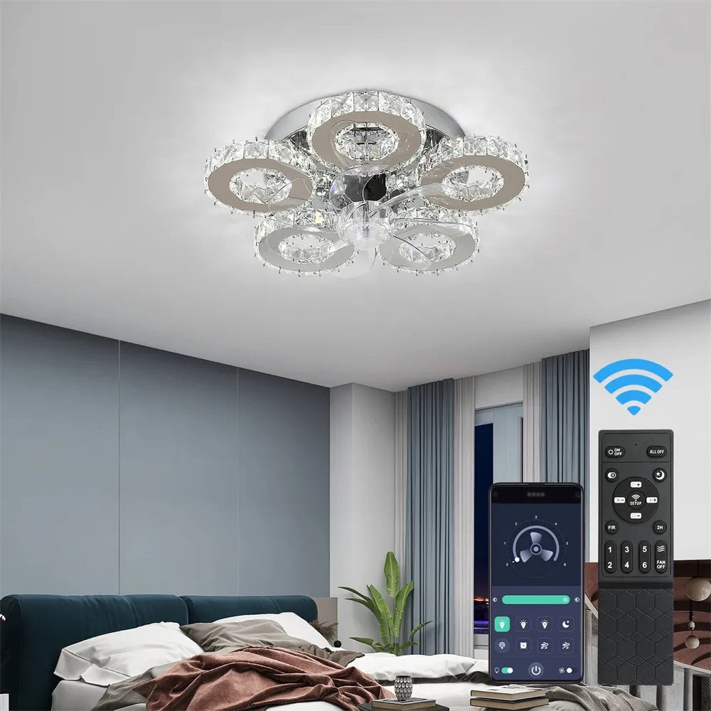5 Ringen Crystal Plafondlamp - Plafondventilator - Smart Lamp - Met Dimmer - 6 Standen Ventilator