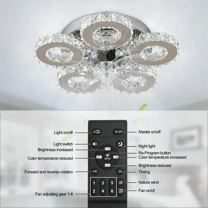 5 Ringen Crystal Plafondlamp - Plafondventilator - Smart Lamp - Met Dimmer - 6 Standen Ventilator