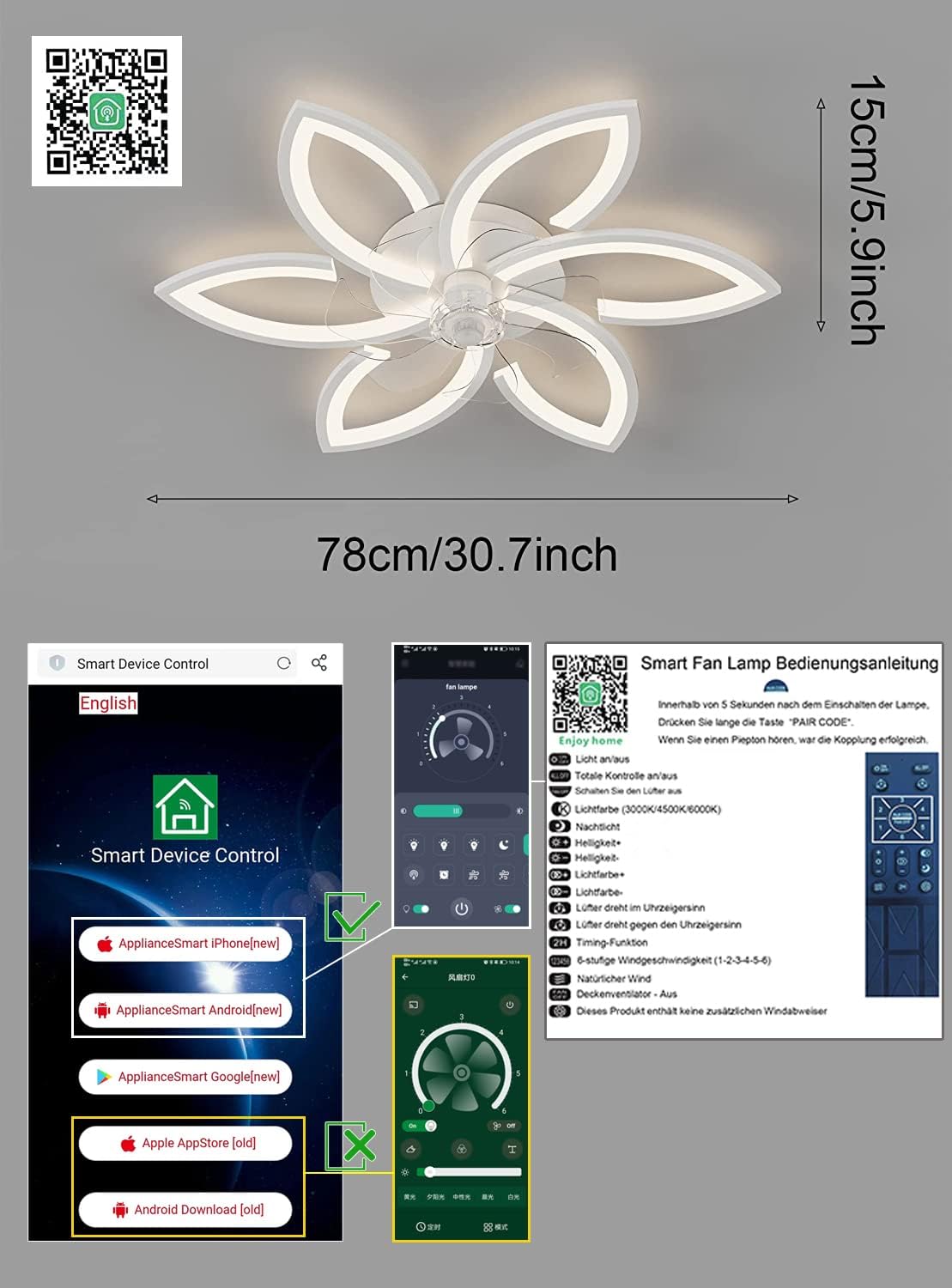 LuxiLamps - 6 Sterren Plafondlamp Met Ventilator - Wit - Met Afstandsbediening - Smart lamp - Dimbaar Met App - 6 Standen Ventilator - Woonkamerlamp - Moderne lamp - Plafoniere