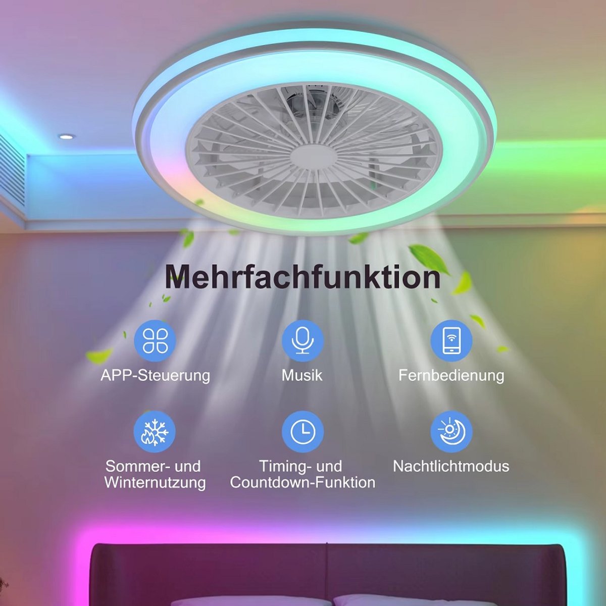 RGB Ceiling Fan - With Speaker - Dimmable With Remote Control - 12 Colors - 60W - RGB Music Fan - Living Room Lamp - Chandelier Fan