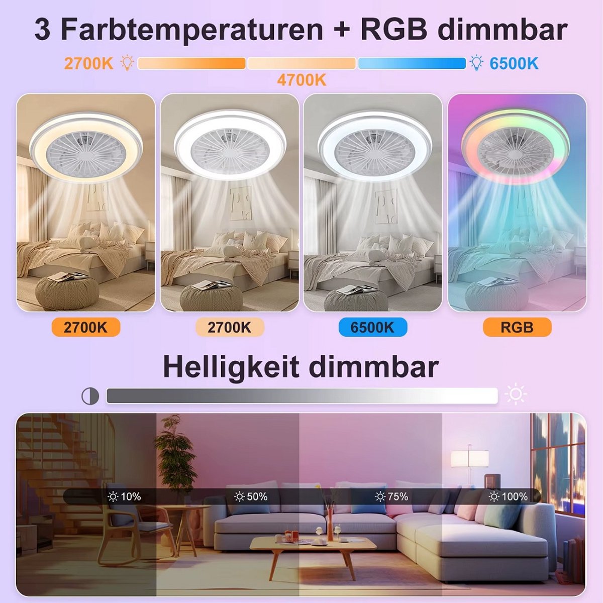 RGB Ceiling Fan - With Speaker - Dimmable With Remote Control - 12 Colors - 60W - RGB Music Fan - Living Room Lamp - Chandelier Fan