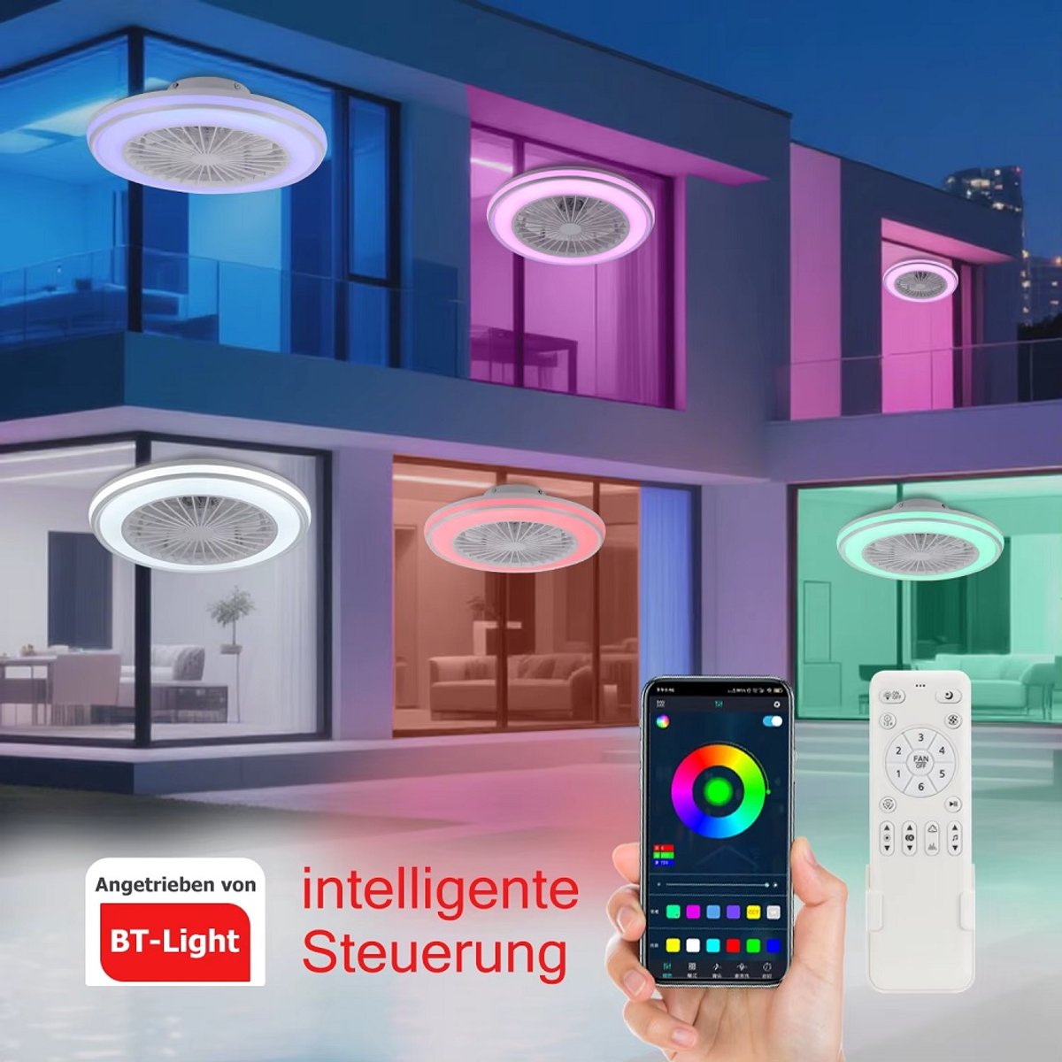 RGB Ceiling Fan - With Speaker - Dimmable With Remote Control - 12 Colors - 60W - RGB Music Fan - Living Room Lamp - Chandelier Fan