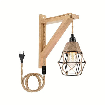 LuxiLamps - Houten Wandkandelaar Lamp - Met Metalen Kooischaduw - Met Stekker - E26 - Wandlamp - Muur Decoratie