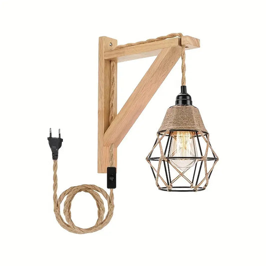 LuxiLamps - Houten Wandkandelaar Lamp - Met Metalen Kooischaduw - Met Stekker - E26 - Wandlamp - Muur Decoratie