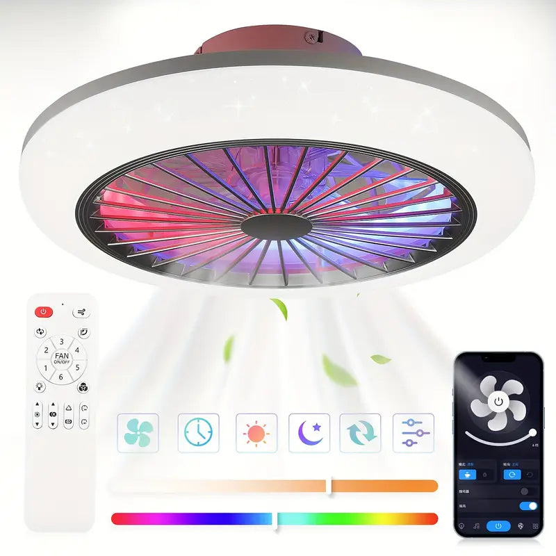 LED RGB Ventilator Lamp - Smart Lamp - Plafondventilator - RGB - 12 Kleuren - Dimbaar - 45 cm - 6 Standen - Plafondventilator - Woonkamerlamp - Moderne Lamp