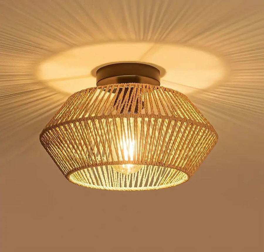 Rieten Plafondlamp - Bamboe Kroonluchter - Rotan Vintage Lamp - E27 - Handgeweven - 30 cm