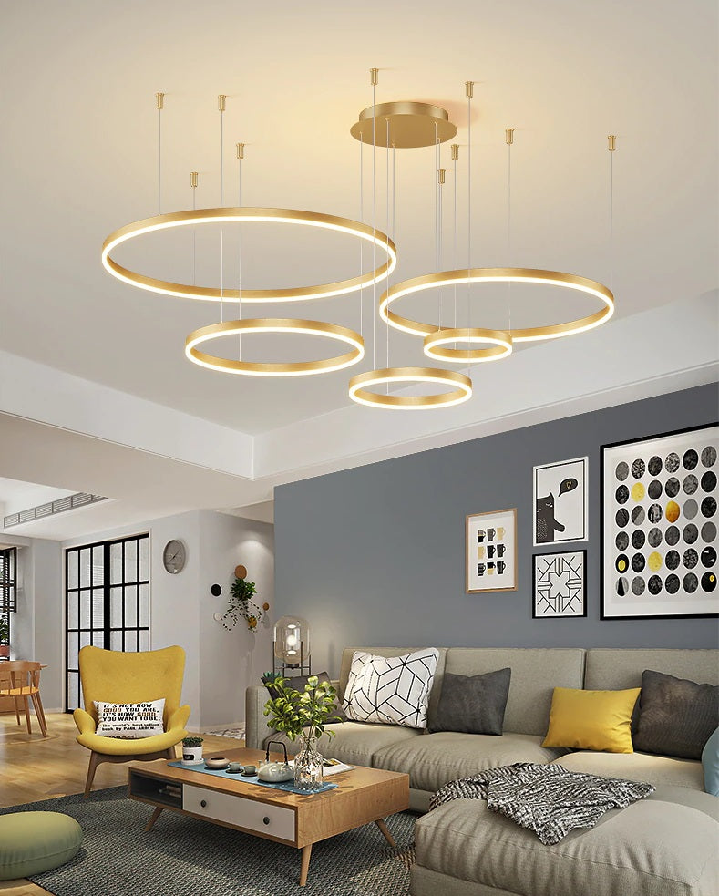 LuxiLamps - 5 Rings - Pendant Lamp - Chandelier - Modern - Gold - Dimmable With Remote Control