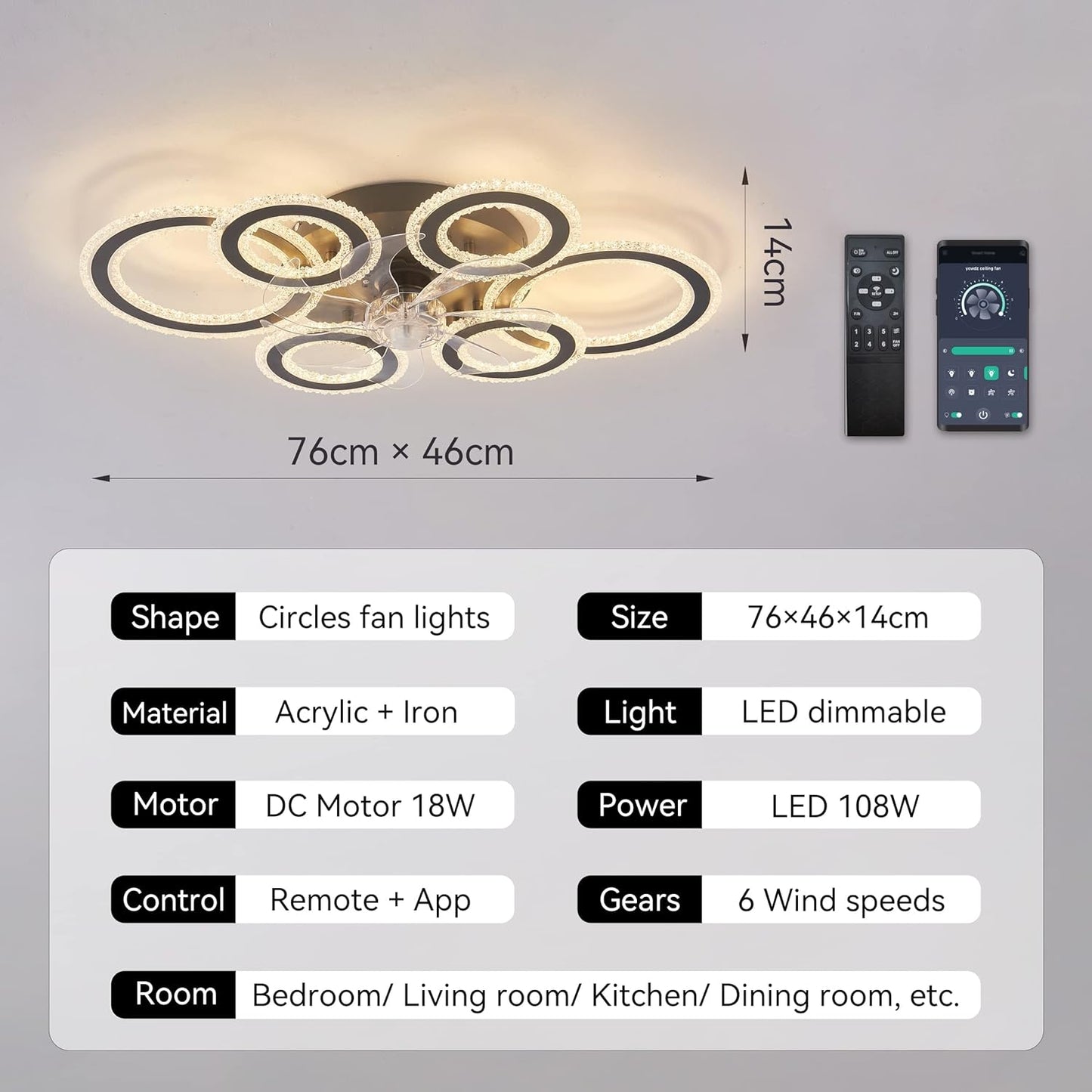 6 Ringen Kristallen Plafondventilator - Zwart - 6 Snelheden - Smart lamp - Dimbaar Met Afstandsbediening & APP - Moderne Cirkel Ventilator Licht - Crystal Kroonluchter Ventilator