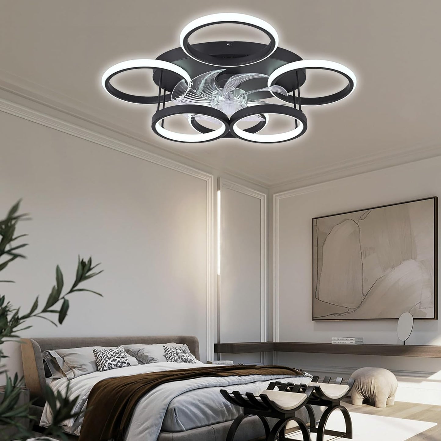 LuxiLamps - 6 Cirkel Plafondventilator - Zwart - 6 Snelheden - Dimbaar Met Afstandsbediening en APP - Moderne Smart Lamp Ventilator