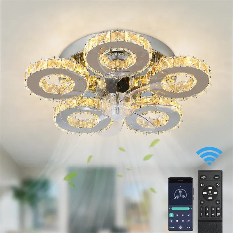 5 Ringen Crystal Plafondlamp - Plafondventilator - Smart Lamp - Met Dimmer - 6 Standen Ventilator