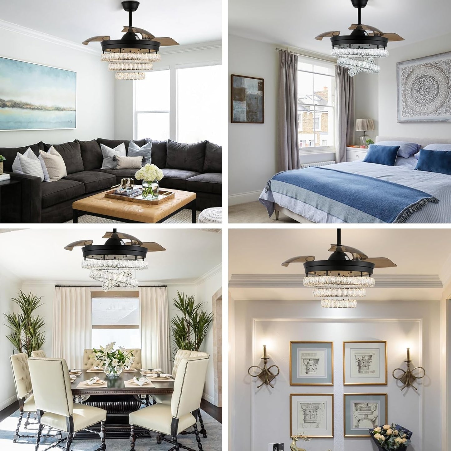 3 Ring Crystal Ventilator Lamp - Met Afstandsbediening - Stille Ventilator - 106 cm - Zwart - Timer - Woonkamerlamp Ventilator - Moderne Plafond Ventilator Lamp - Kroonluchter Ventilator