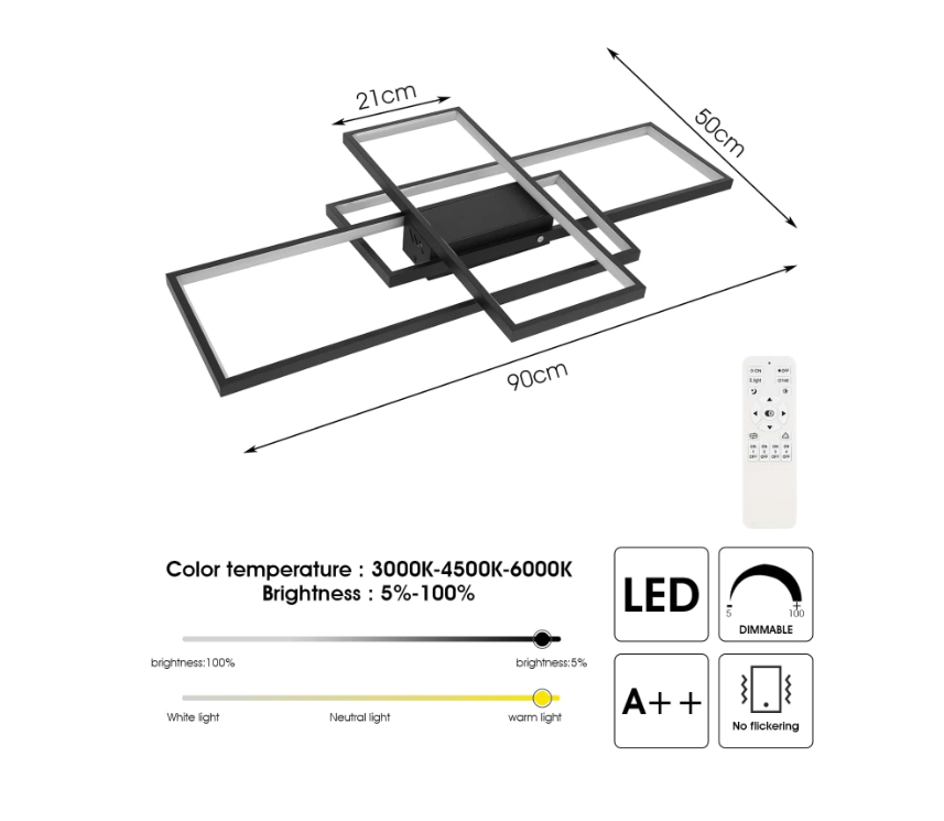 LuxiLamps - Moderne LED Kroonluchter - Dimbaar Met Afstandsbediening - Led Plafond Kroonluchter Zwart - Moderne Kroonluchter - 90 cm
