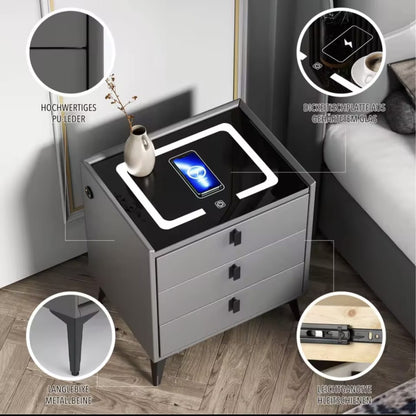 Nachtkast Met LED - 3 USB Poorten - Draadloos Opladen - Grijs - 3 Laden - 60x50x45cm - Slim Nachtkastje - Slaapkamer - 3 Kleuren LED