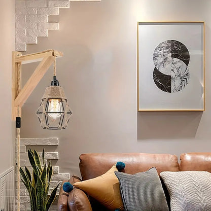 LuxiLamps - Houten Wandkandelaar Lamp - Met Metalen Kooischaduw - Met Stekker - E26 - Wandlamp - Muur Decoratie
