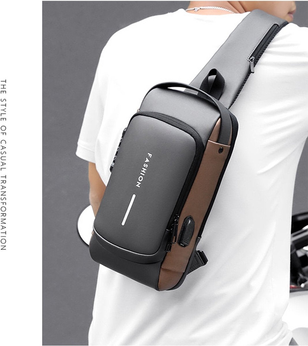 Schoudertas - Crossbody Tas - Heren en Dames - Waterdicht - Anti Diefstal - USB-Poort - Bruin / Grijs - VERNIEUWD!