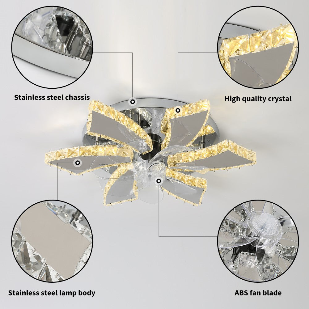 6 Lotus Kristallen Ventilator Lamp - Crystal Plafondventilator - Smart Lamp - Met Dimmer - 3 Standen Ventilator - Keuken Lamp - Woonkamer Lamp - Moderne Lamp