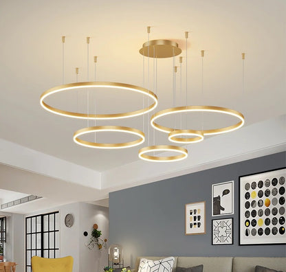 LuxiLamps - 5 Rings - Pendant Lamp - Chandelier - Modern - Gold - Dimmable With Remote Control