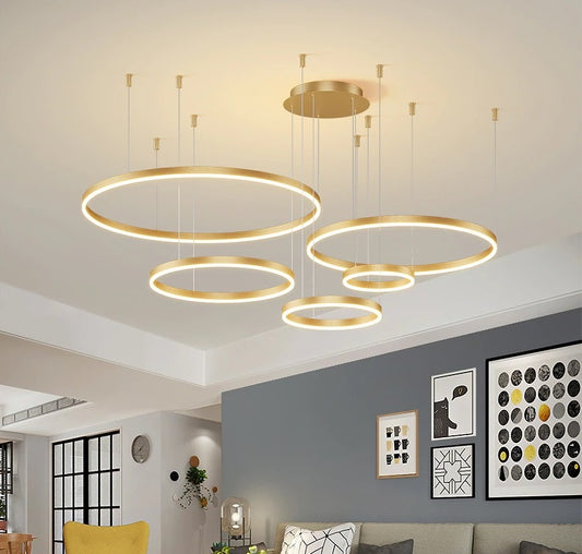 LuxiLamps - 5 Rings - Pendant Lamp - Chandelier - Modern - Gold - Dimmable With Remote Control