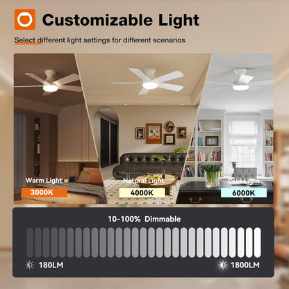LuxiLamps | 5 Blad Plafondventilator | Met Afstandsbediening | 6 Standen | Geheugenfunctie | Wit/Bruin | Ventilator | 132 cm | Dimbaar | Woonkamerlamp | Moderne lamp