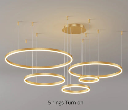 LuxiLamps - 5 Rings - Pendant Lamp - Chandelier - Modern - Gold - Dimmable With Remote Control