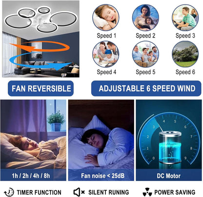 LuxiLamps - 5 Rings Ceiling Fan - White - 6 Speeds - Dimmable With Remote Control and APP - Modern Circle Fan Light