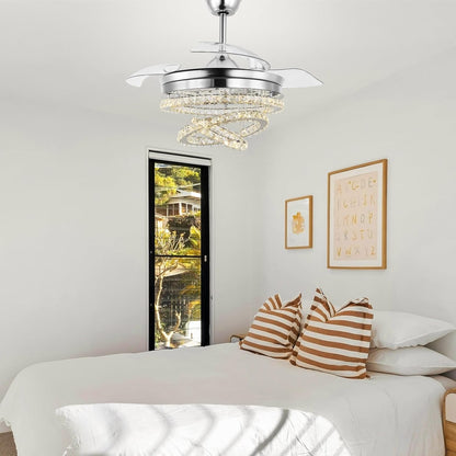 3 Ring Crystal Ventilator Lamp - Met Afstandsbediening - Stille Ventilator - 106 cm - Chroom - Timer - Woonkamerlamp Ventilator - Moderne Plafond Ventilator Lamp - Kroonluchter Ventilator
