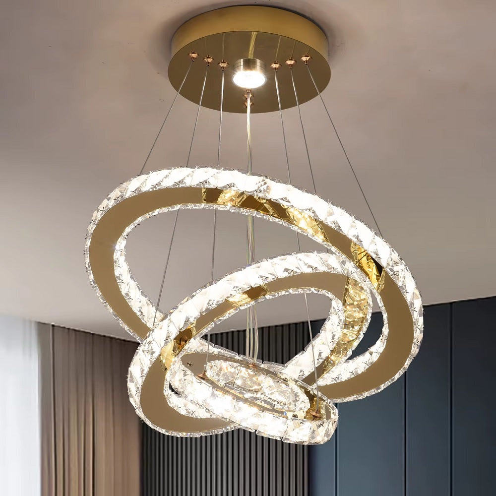 Luxe Kristallen Kroonluchter - Goud - Eettafel Hanglamp - Woonkamerlamp - 3 Ringen - 40 30 20 cm