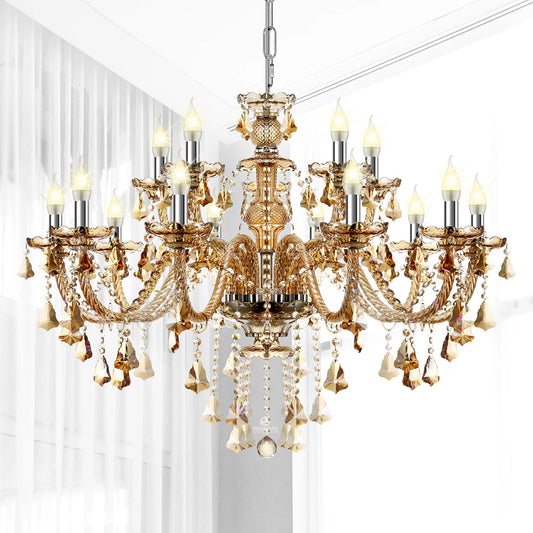 Crystal Chandelier - 15 Arm Kristallen Kroonluchter - Cognac - Hanglamp - Woonkamerlamp - Moderne lamp - Plafonniere