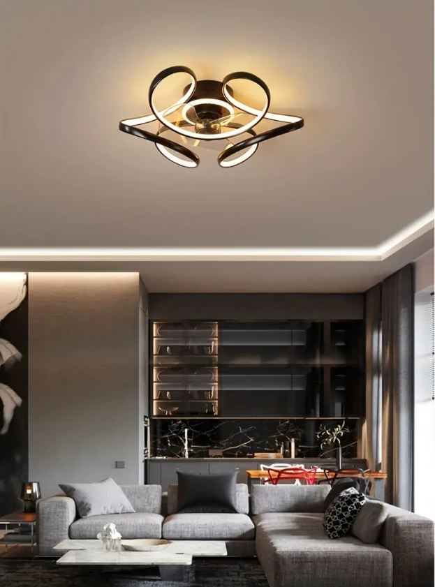 LuxiLamps - Krullen Ventilator Plafondlamp - Plafondventilator 50 cm - Zwart - Smart Lamp - Met Dimmer - 6 Standen Ventilator - Keuken Lamp - Woonkamer Lamp - Moderne Lamp - Slaapkamer Lamp Ventilator