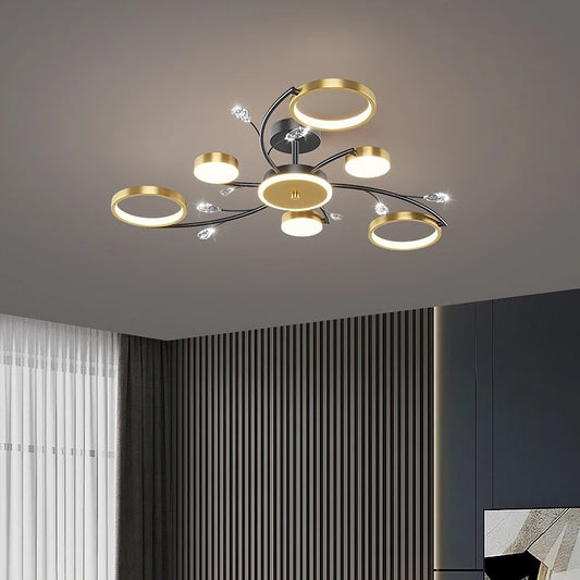 6 Ringen Plafondlamp - Moderne LED Kroonluchter - Goud/Zwart - Dimbaar Met Afstandsbediening - 85 cm