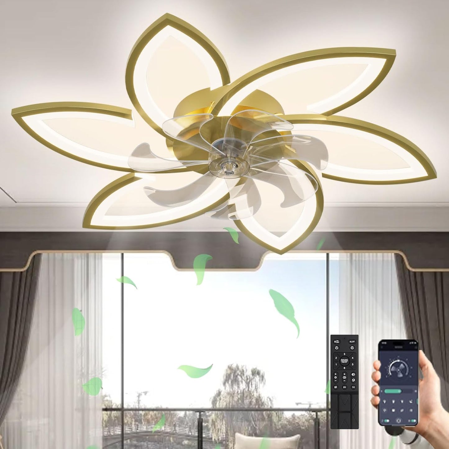 LuxiLamps - 6 Sterren Plafondlamp Met Ventilator - Goud - Met Afstandsbediening - Smart lamp - Dimbaar Met App - 6 Standen Ventilator - Woonkamerlamp - Moderne lamp - Plafoniere