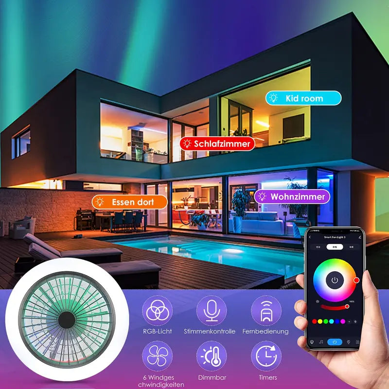 LED RGB Ventilator Lamp - Smart Lamp - Plafondventilator - RGB - 12 Kleuren - Dimbaar - 45 cm - 6 Standen - Plafondventilator - Woonkamerlamp - Moderne Lamp