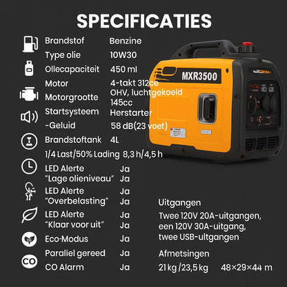 Superstille Inverter Stroomgenerator 3300 W - Benzine, 4-Takt - Met USB en 230V Stopcontacten - Noodstroomaggregaat voor Camping, Reizen en Oorlogsnood
